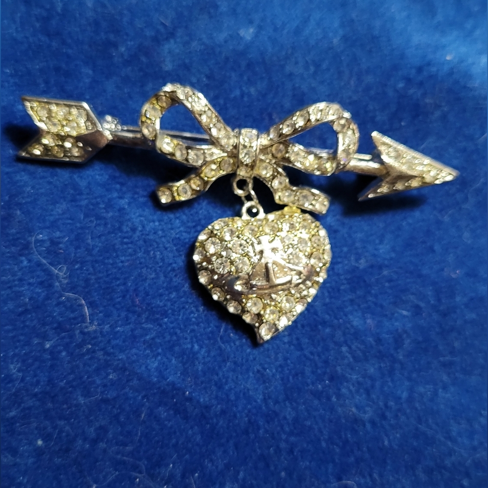 2/$12 Vintage Rhinestone Silvertone Bow, Arrow and Heart Brooch